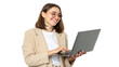 © jabireffacts - Studio portrait of woman teacher with laptop after classes