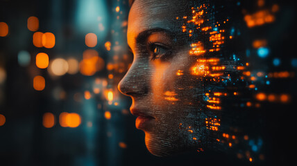Wall Mural - a woman's face is shown in a digital image with a lot of orange and blue lights. the image has a fut