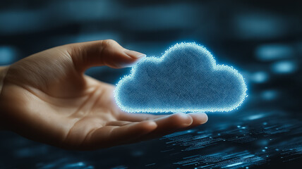 Wall Mural - a hand holding a cloud with a blue glow. concept of technology and innovation, as the cloud is a sym
