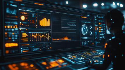 Wall Mural - a woman is sitting in front of a computer monitor with a lot of numbers and graphs on it. concept of
