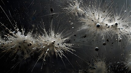 Black and white macro photography of a broken spiderweb with a dandelion flower, capturing the intricate texture and delicate patterns 