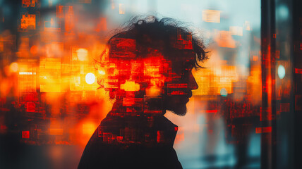 Wall Mural - a blurry image of a man's face with a red background. the image has a dreamy, surreal quality to it,