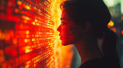 Wall Mural - a woman's face is reflected in a wall of binary code. concept of mystery and intrigue, as the woman'