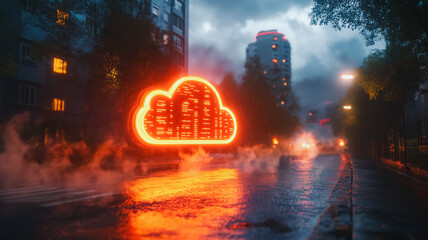 Wall Mural - a neon sign of a cloud. the sign is lit up in orange and is placed on a wet street. the scene is set