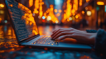 Wall Mural - a person is typing on a laptop in a city street with bright lights and a blurry background. concept 