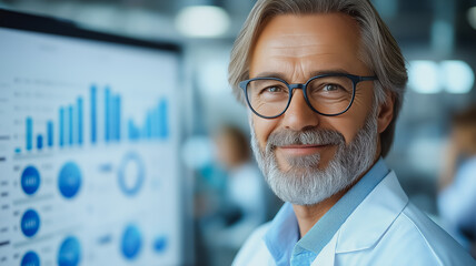 Wall Mural - A man in a white lab coat is smiling at a computer monitor displaying graphs. The man is a scientist or a researcher