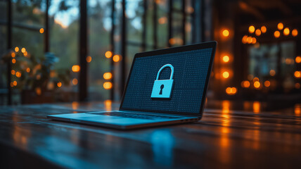 Wall Mural - a laptop screen shows a lock icon on the screen. concept of security and protection, as the lock sym