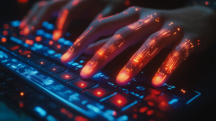 Wall Mural - A keyboard with a hand on it that is glowing red