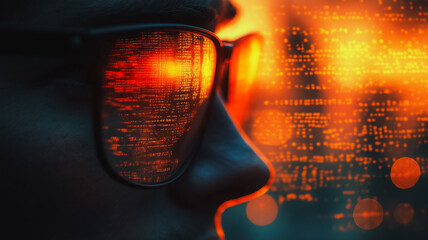 Wall Mural - a man wearing glasses is looking at a computer screen with a blurry reflection of the city in the ba