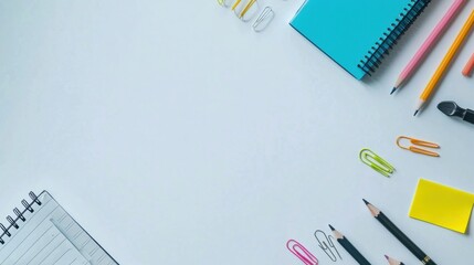 Poster - Various office supplies like pens, pencils, sticky notes, and paper clips are arranged neatly on a blank workspace, ready for use. Generative AI