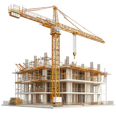 Realistic construction site with cranes and buildings under construction, isolated on transparent background, 3d rendering