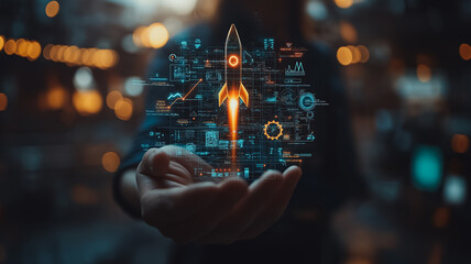 Wall Mural - a hand holding a rocket in a blurry image. the rocket is surrounded by a lot of other symbols and nu
