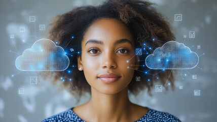 Wall Mural - a woman with a computer chip on her face. the chip is blue and white. the woman is smiling