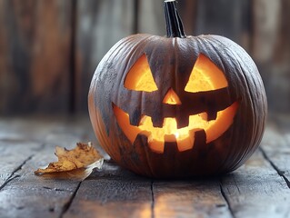 Illuminated Jackolantern rests on weathered wooden surface