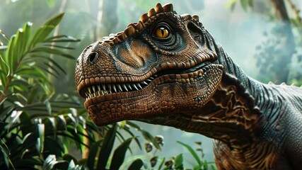 Wall Mural - dinosaur is standing in a jungle with green leaves and vines. the dinosaur has a menacing look on it