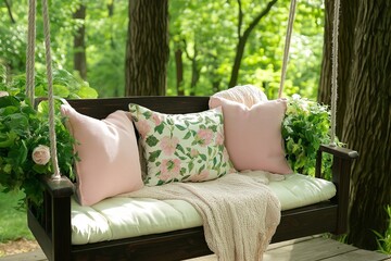 A rustic outdoor swing with soft pastel cushions and a throw blanket