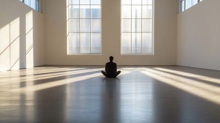 Poster - Solitary individual sits on the floor of an expansive gallery, surrounded by blank walls and large windows illuminated by sunlight. Generative AI