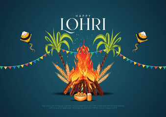 Indian Punjabi festival of lohri celebration fire background with decorated drum and bonfire with festival elements. Creative vector illustration design.