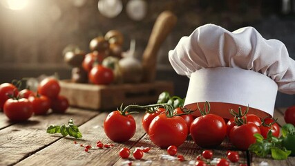 Sticker - White chef's hat sits on a table with a variety of fresh tomatoes and basil. Concept of freshness and simplicity, as the focus is on the natural ingredients and the chef's hat