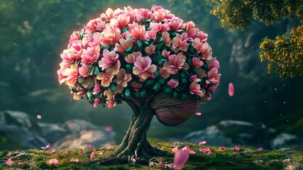 Poster - Tree with pink flowers is shown in a forest. The tree is surrounded by pink petals, and the flowers are scattered all around it. Serene and peaceful mood