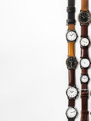 Aufkleber - A variety of wristwatches with different styles and colors displayed neatly, offering a stylish layout with ample space for design elements. Generative AI