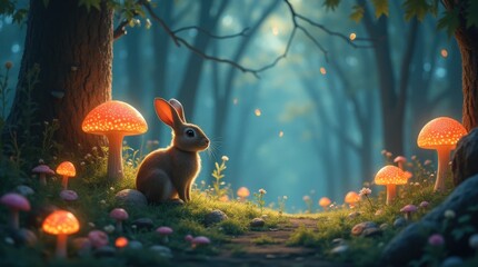 Wall Mural - Rabbit Amidst Glowing Mushrooms in a Magical Forest