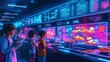 © Noina - A futuristic school cafeteria with glowing holographic menus and cheerful children choosing meals, vibrant neon digital style