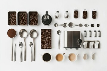 Leinwandbilder - Flat lay arrangement of coffee essentials including beans, cups, spoons, and a coffee maker with space available for additional text. Generative AI
