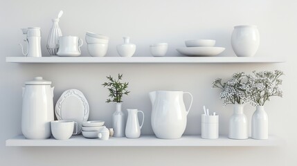 Wall Mural - White kitchenware and vases with plants on white shelves against a white wall.