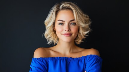 Wall Mural - a woman with blonde hair and blue dress is smiling. she is wearing a blue dress and has a blue shirt
