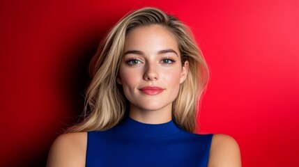 Wall Mural - a woman with blonde hair and blue top is smiling. she is wearing a blue top and has a red background