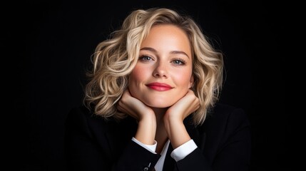 Wall Mural - a woman with blonde hair and red lipstick is smiling for the camera. she is wearing a black jacket a