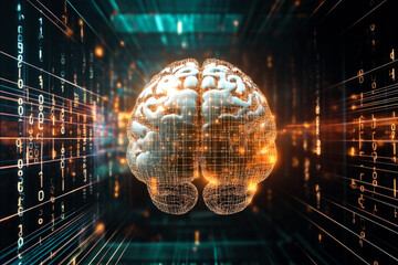 Wall Mural - futuristic digital brain with neural network and data stream