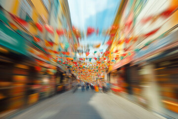 Vibrant festival street with colorful banners in busy cityscape