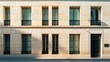 © D - Contemporary Parisian building, minimalist design, full wall with windows and doors, sunny afternoon light, serene urban setting, no people.
