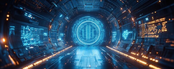 Wall Mural - futuristic digital tunnel with glowing lights and abstract patterns