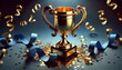 © Mehedi - Elegant Golden Trophy with Blue Ribbon and Celebratory Confetti.