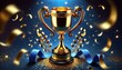 © Mehedi - Elegant Golden Trophy with Blue Ribbon and Celebratory Confetti.