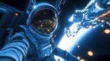 An astronaut floating near a glowing space station with the reflection of docking lights in their helmet visor.