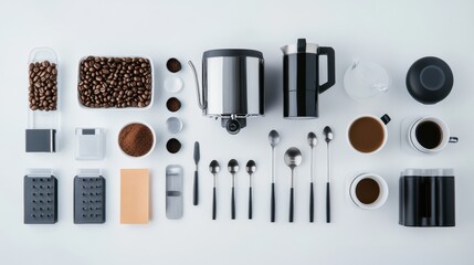 Poster - A collection of coffee essentials arranged neatly, including coffee beans, cups, spoons, and a coffee maker, ideal for text overlay. Generative AI
