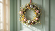 © Irina - Spring floral wreath with pastel eggs and flowers on a mint green wall