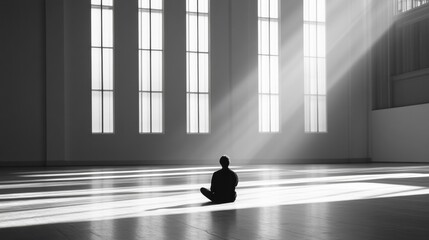 Poster - A lone person sits on the floor of a vast gallery, surrounded by stark walls and sunlight streaming through tall windows. Generative AI