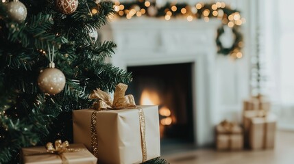 Wall Mural - Festive Christmas burning  fireplace with white mantel decorated with Christmas tree gift boxes and lights