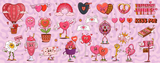 Poster - Cartoon groovy Valentines Day characters and love symbols. Retro hippie Valentine pink heart, flower and candy vector personages. Groovy Valentines letter envelope, cake, hippy daisy and heart peace