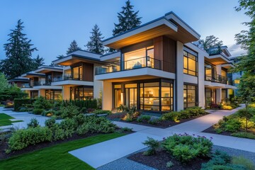 Wall Mural - A modern residential complex with low-rise white buildings featuring wooden accents