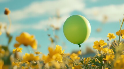 A Single Light Green Balloon Ascending Amidst a Vibrant Field of Yellow Flowers Under a Serene Blue Sky: A Symbol of Hope and Joyful Simplicity