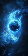 Aufkleber - Blue circular nebula with swirling gas and dust, black hole in the center of an abstract blue planet, dark background, space, stars, digital art style