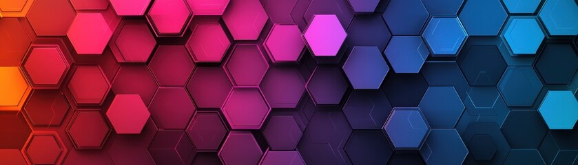 Wall Mural - A vibrant hexagonal pattern blending shades of pink, purple, blue, and orange, creating a dynamic and visually appealing background.