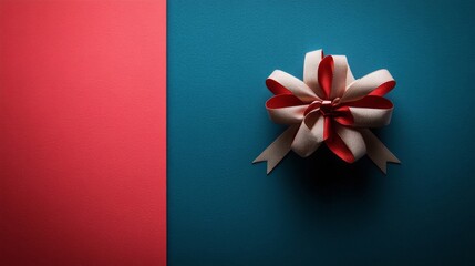 Elegant Red And Beige Ribbon Bow On Blue Background