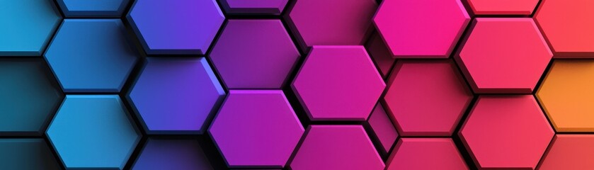 Wall Mural - A vibrant, abstract design featuring hexagonal shapes in a gradient of blue, purple, pink, and orange colors.